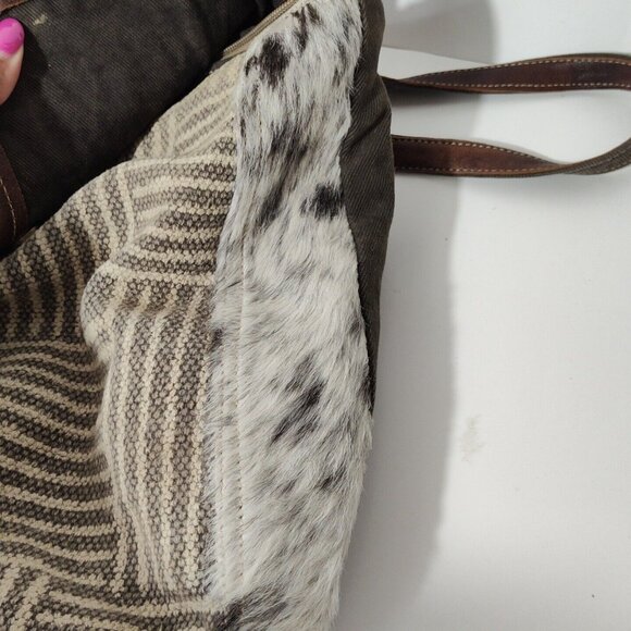 Myra Bag Brown Canvas Flap Messenger Backpack Cow Print Western Woven - Picture 4 of 16